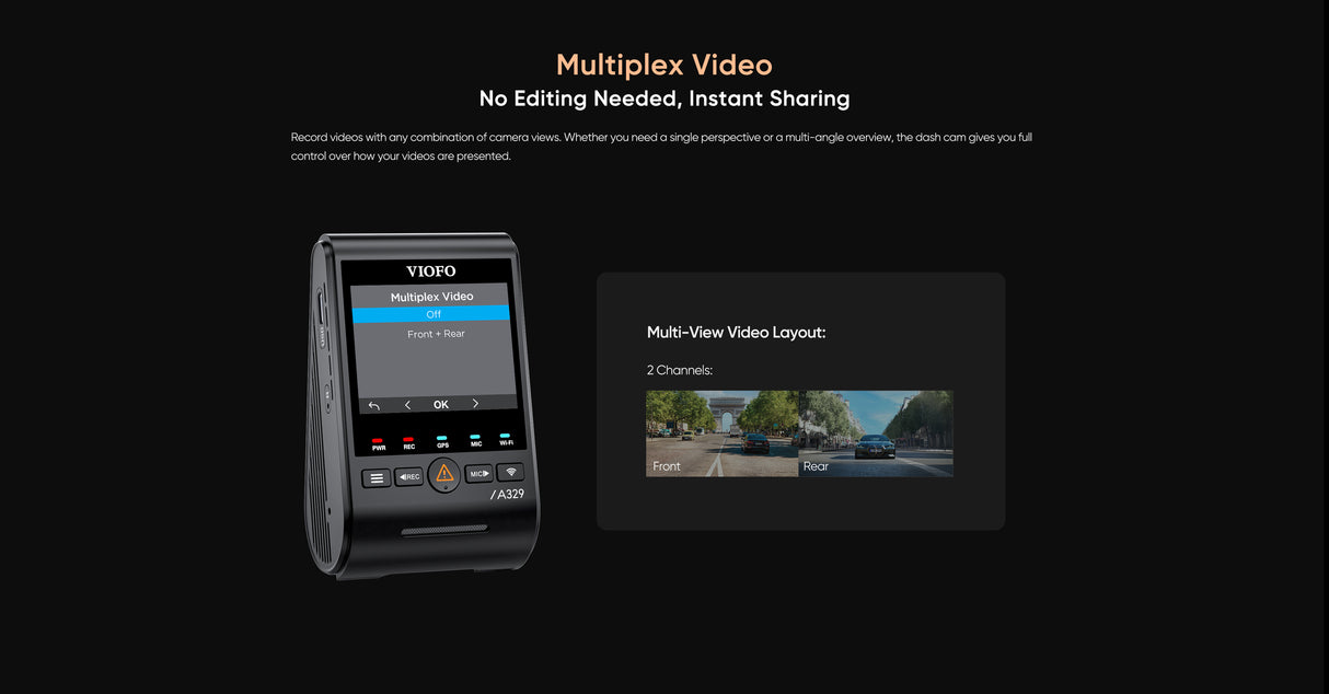 VIOFO A329S 2CH 4K 60FPS Front and 2K Rear Dash Cam HDR with Sony STARVIS 2