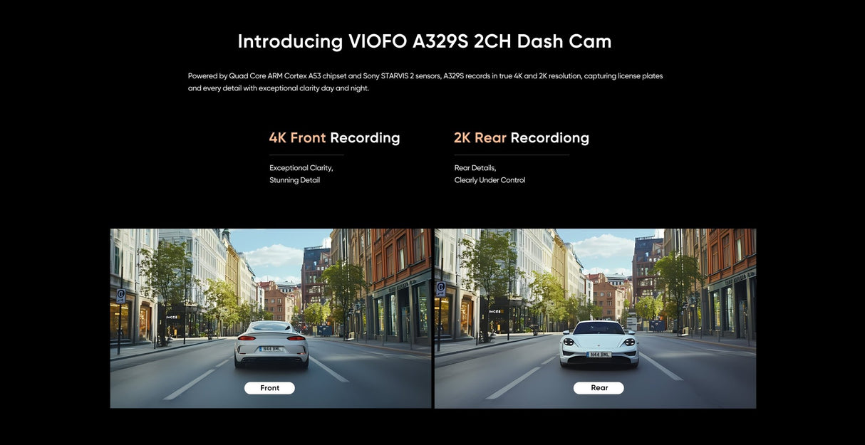 VIOFO A329S 2CH 4K 60FPS Front and 2K Rear Dash Cam HDR with Sony STARVIS 2 - EXTNIX