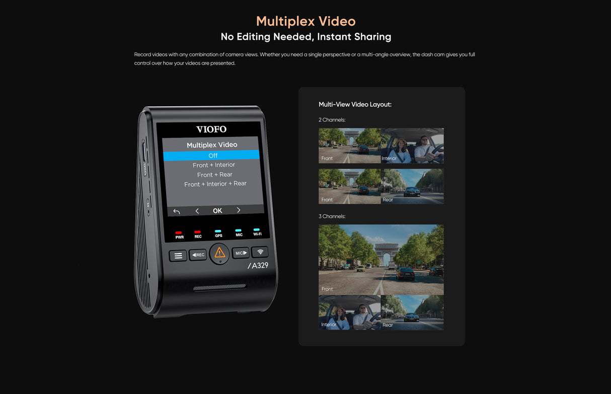 VIOFO A329S 3CH 4K 60FPS Front, 2K Rear and in Cabin Dash Cam HDR with Sony STARVIS 2 for Ride Share
