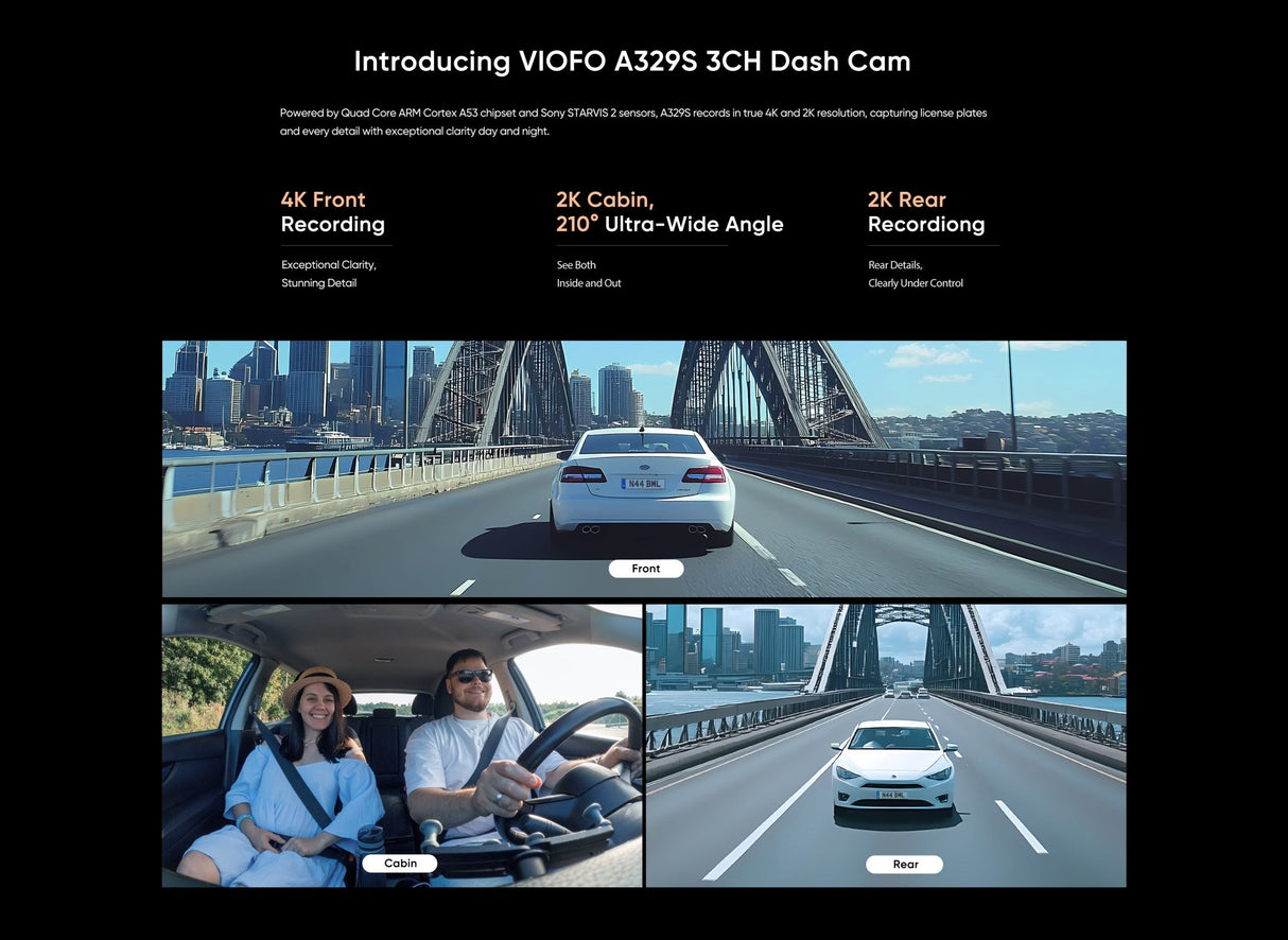 VIOFO A329S 3CH 4K 60FPS Front, 2K Rear and in Cabin Dash Cam HDR with Sony STARVIS 2 for Ride Share - EXTNIX