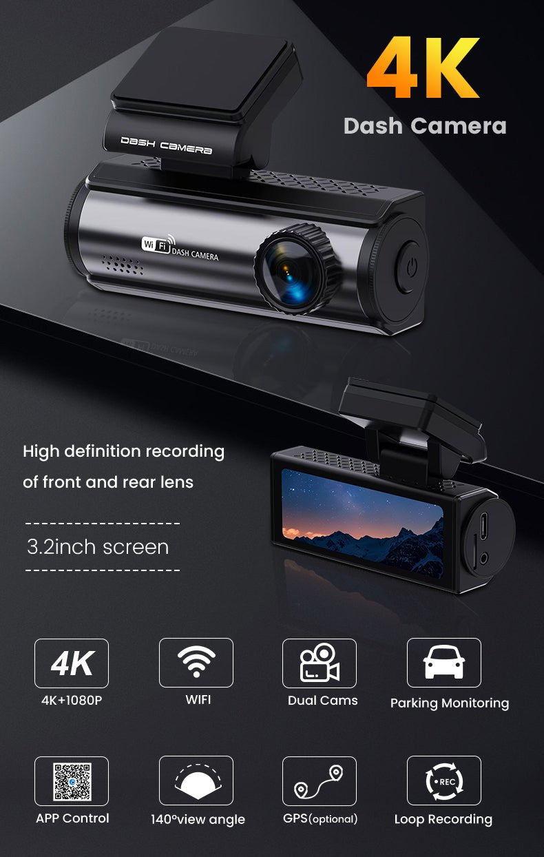 Extnix Dash Camera 2CH 4K Front + 1080P Rear DashCam, Parking Mode and Hardwire Kit - EXTNIX