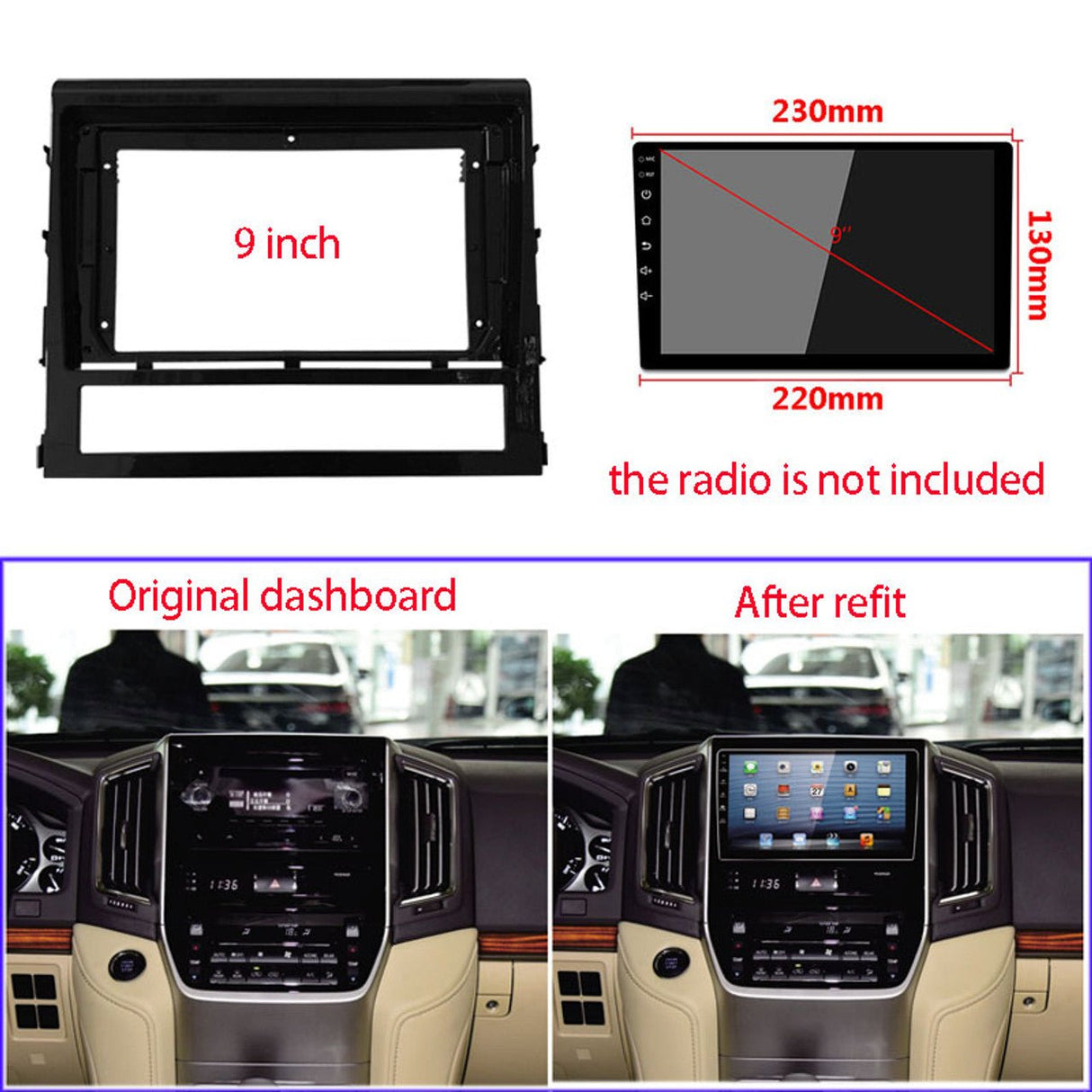 9" Head unit Fascia Frame Gloss Black for Toyota Landcruiser 200 Series LC200 2015 - 2021 - EXTNIX