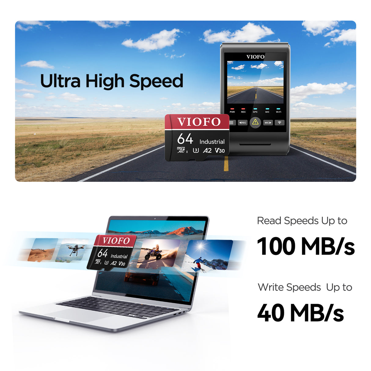 VIOFO 64GB Industrial Grade microSD Card U3 A2 V30 - High Speed Memory Card