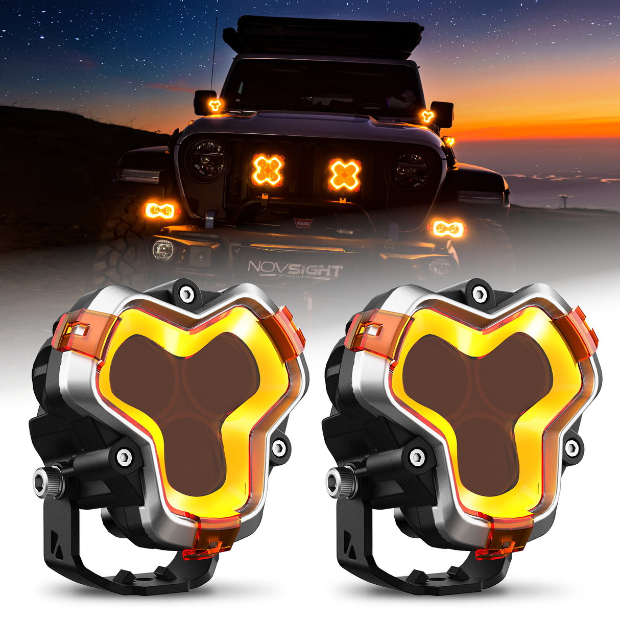 NOVSIGHT Halo Series 3" LED Pod Lights — 96W Twin Kit with White DRL Halo Ring (Spot/Flood Combo)