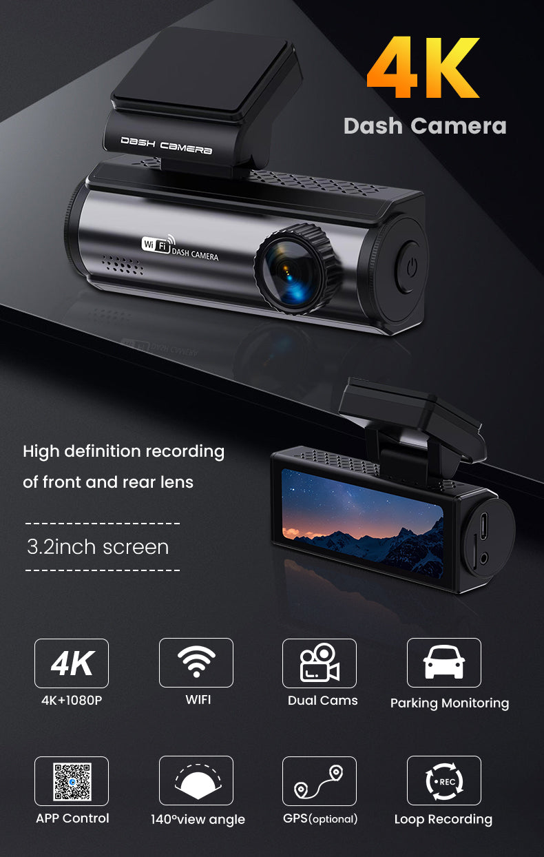 Extnix Dash Camera 2CH 4K Front + 1080P Rear DashCam, Parking Mode and Hardwire Kit