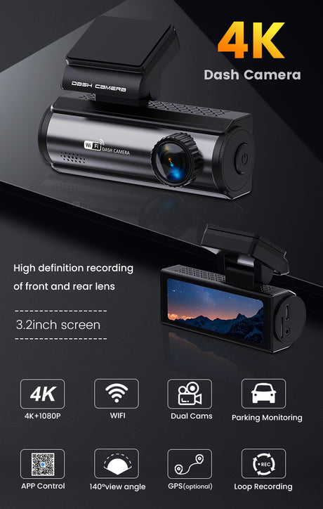 Extnix Dash Camera 2CH 4K Front + 1080P Rear DashCam, Parking Mode and Hardwire Kit
