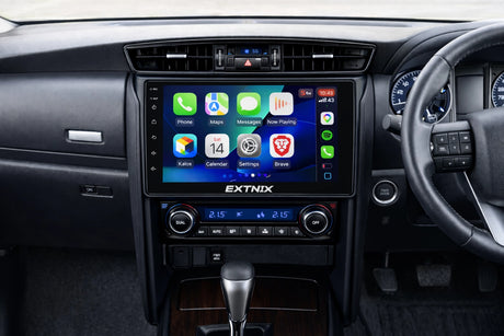 Toyota Fortuner dashboard with Extnix infotainment system Wireless Apple Carplay & Android auto installed 