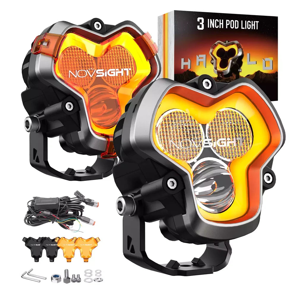 NOVSIGHT Halo Series 3" LED Pod Lights — 96W Twin Kit with White DRL Halo Ring (Spot/Flood Combo)