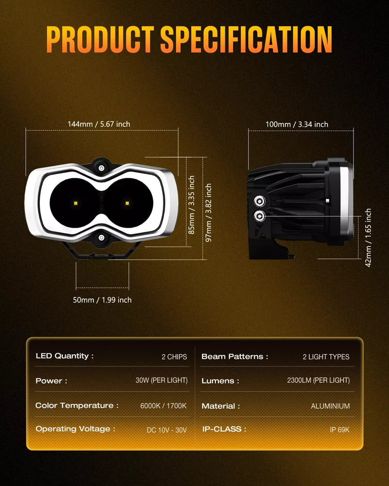 NOVSIGHT Halo Series 4.5" LED Pod Lights — 35W Flood Beam Twin Kit with Switchable White/Amber DRL Halo
