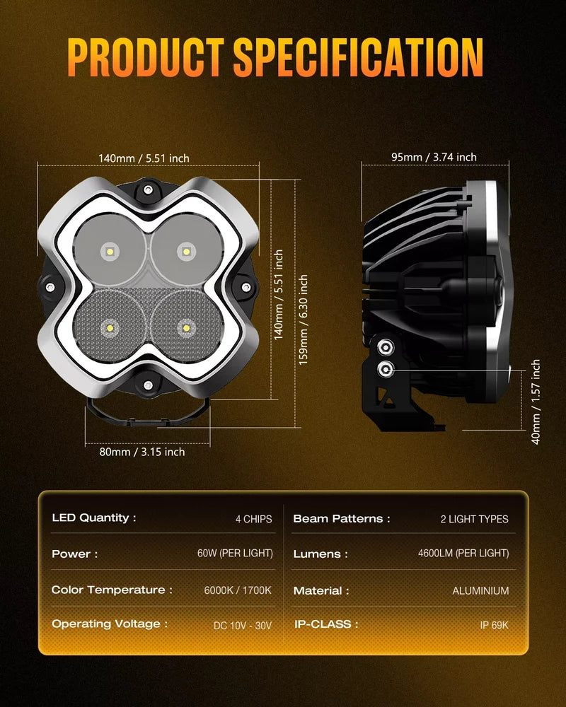NOVSIGHT Halo Series 6" LED Pod Lights — 60W Twin Kit with DRL, Spot+Flood Combined Beam
