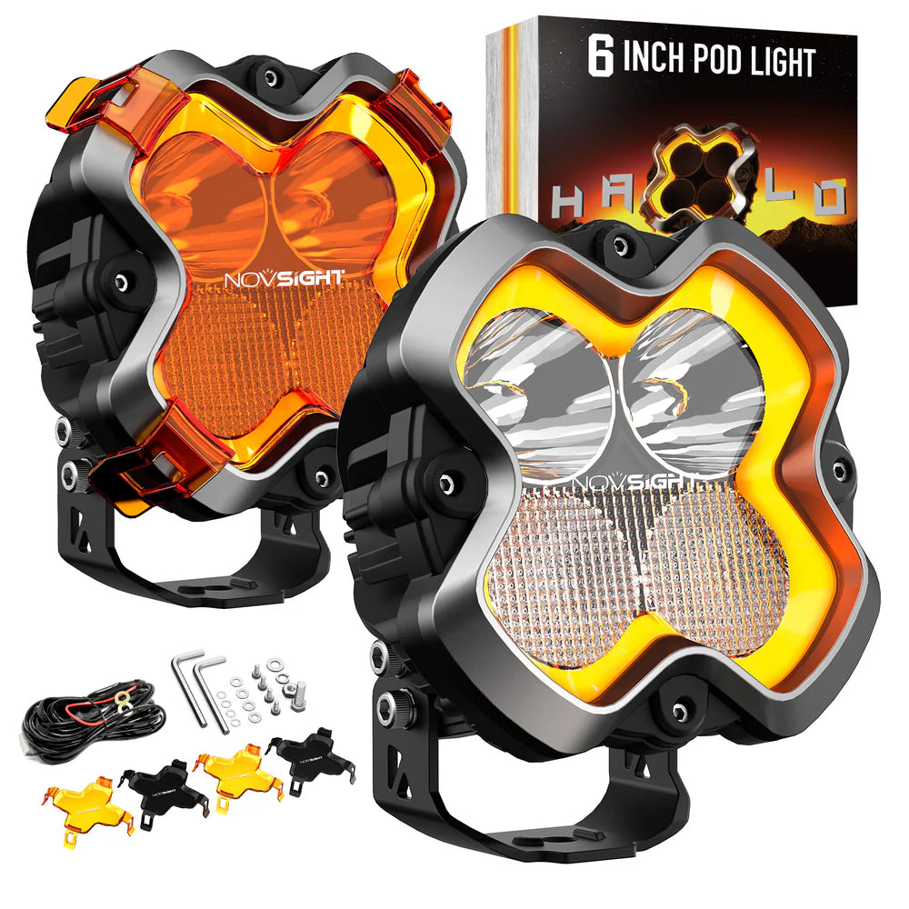 NOVSIGHT Halo Series 6" LED Pod Lights — 60W Twin Kit with DRL, Spot+Flood Combined Beam