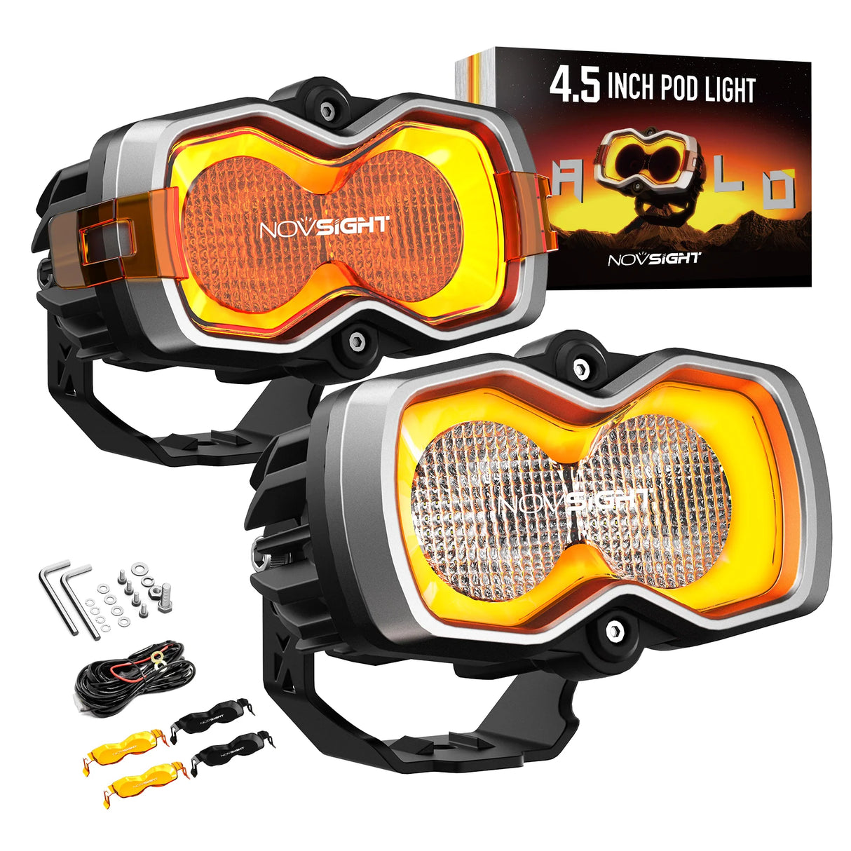 NOVSIGHT Halo Series 4.5" LED Pod Lights — 35W Flood Beam Twin Kit with Switchable White/Amber DRL Halo